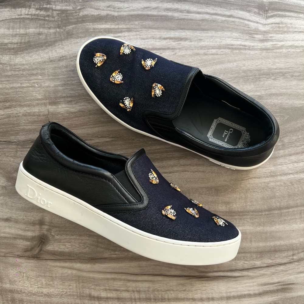Christian Dior Navy Denim Leather Bee Slip-On Size 8 Women’s